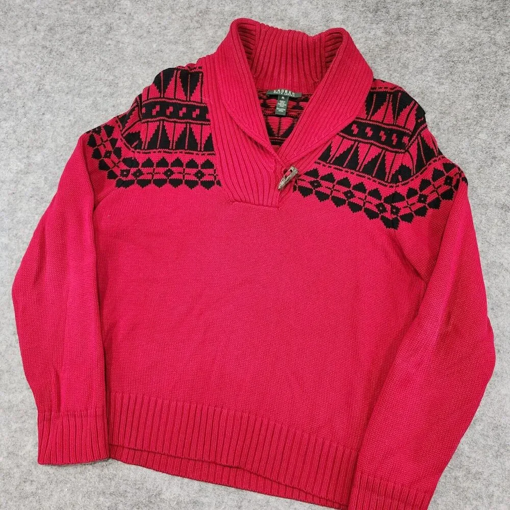 Ralph Lauren LRL Women XL Cotton Knit Shawl Collar Aztec Nordic Pullover Sweater